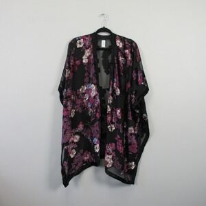 J Jill Burnout Floral Kimono Robe Women OS Black Purple Velvet Sheer Boho  274
